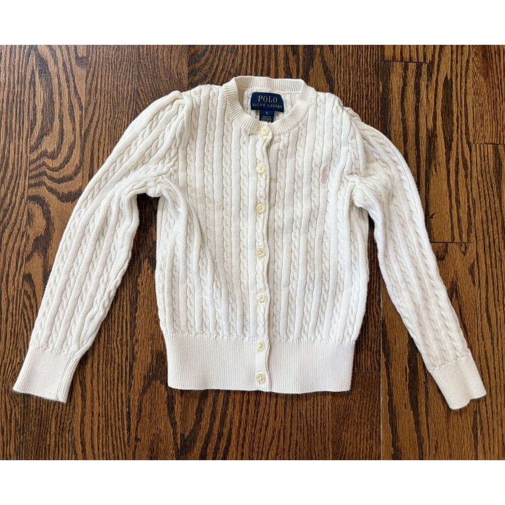 Ralph Lauren 100% Cotton Girls Size 5 White Cable-Knit Cardigan Sweater Preppy